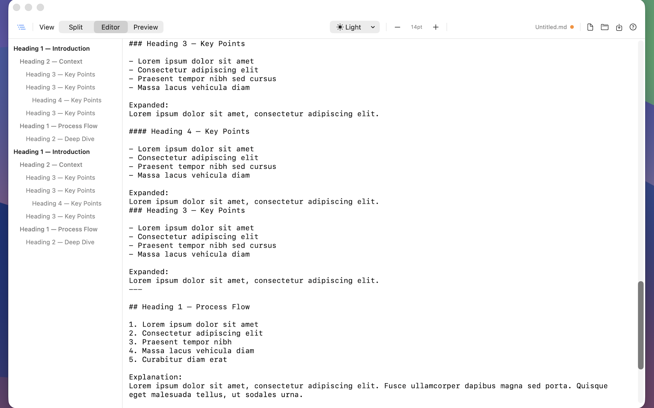 Fast-MD editor view with markdown content and outline sidebar